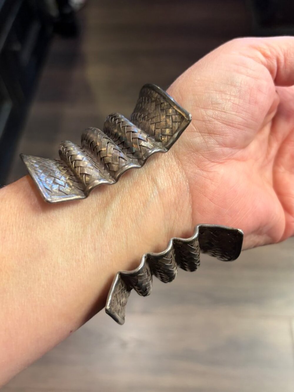 Vintage Silver-Tone Woven Metal Sculptural Wide Cuff Bracelet - Picture 4 of 5